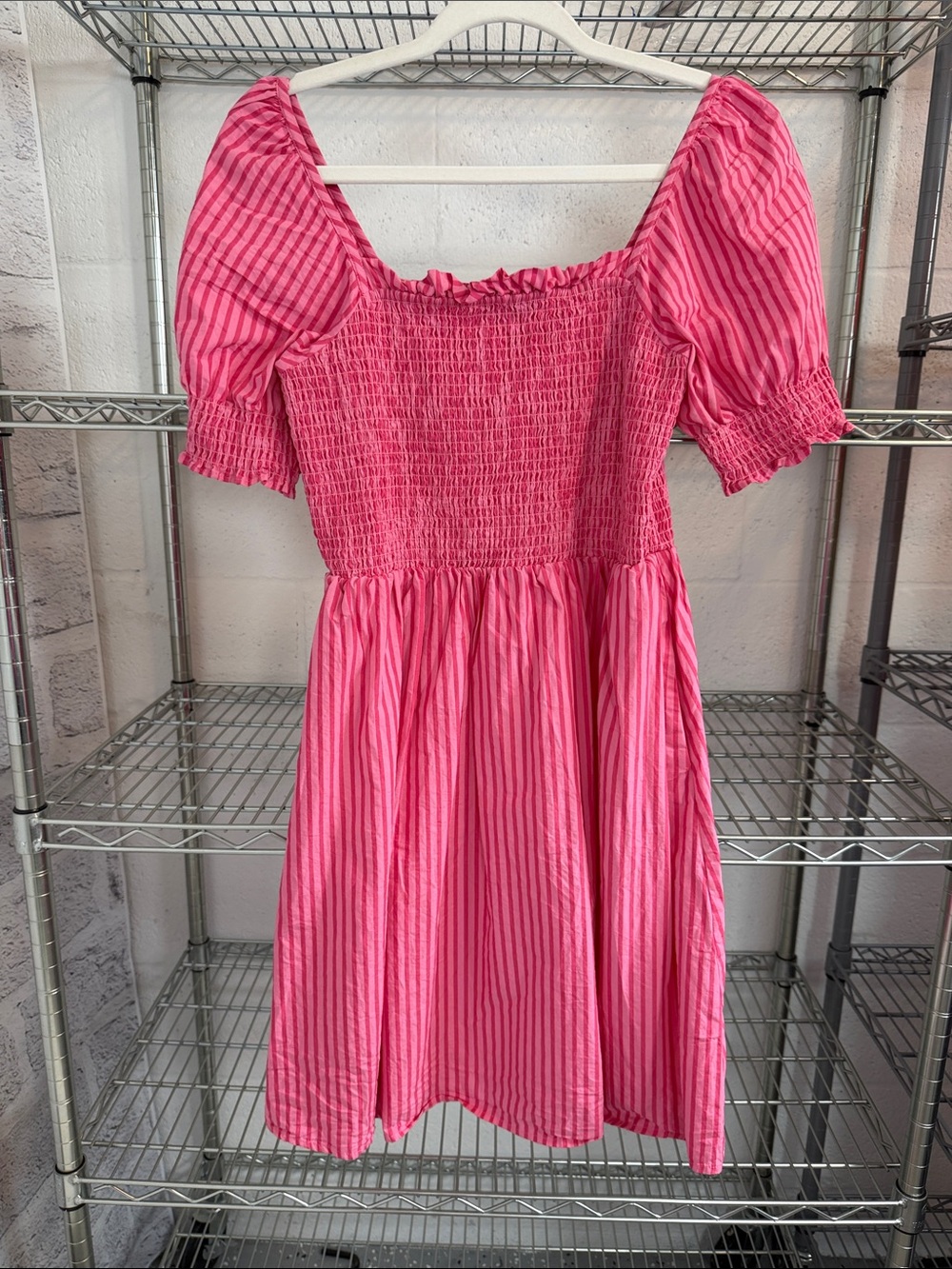 Draper James Hot Pink Striped Smocked Dress with Puff Sleeves